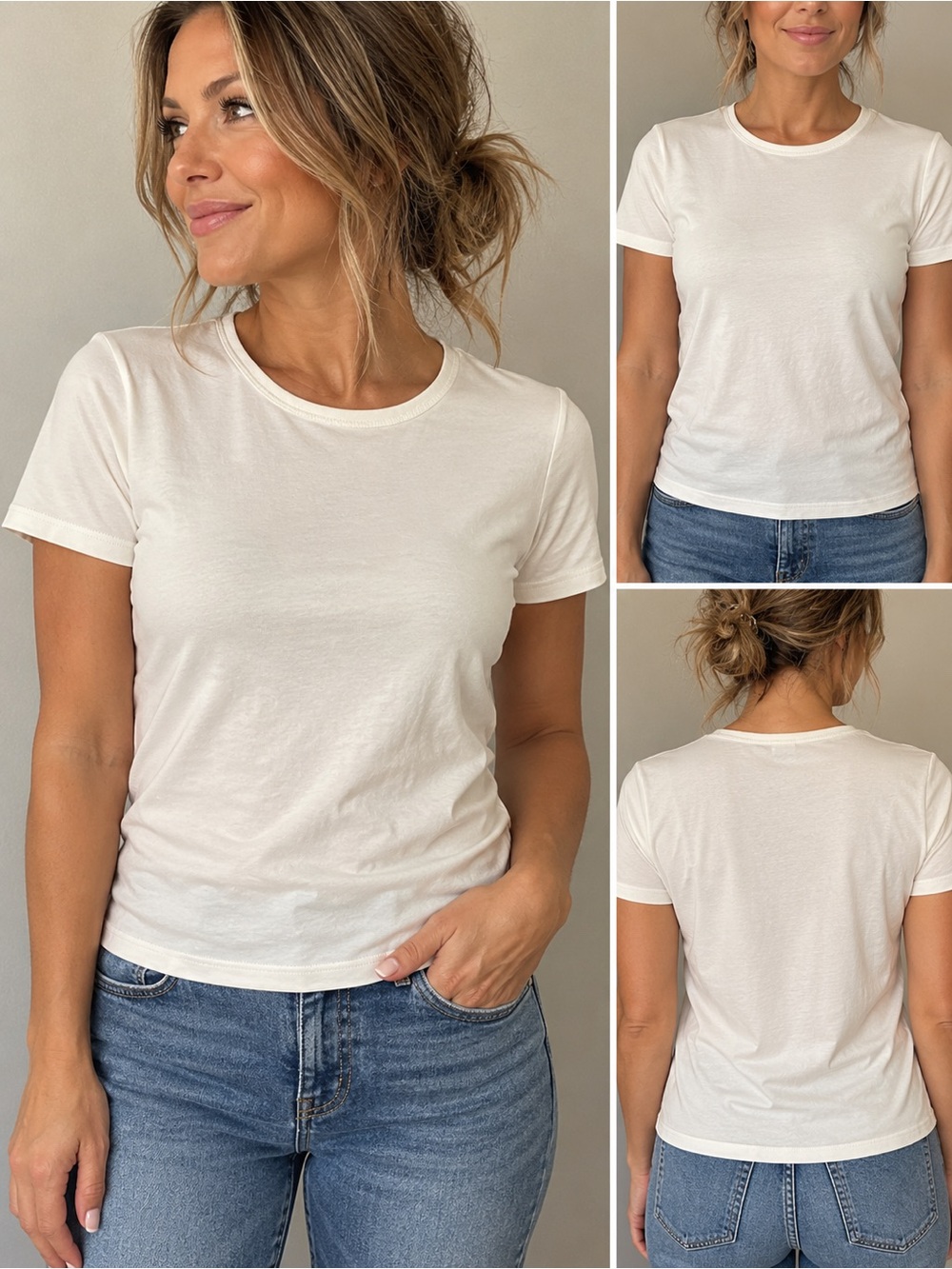 Jones Sport Women’s Medium Ivory Cream Stretch Crew Neck T-Shirt 95% Cotton